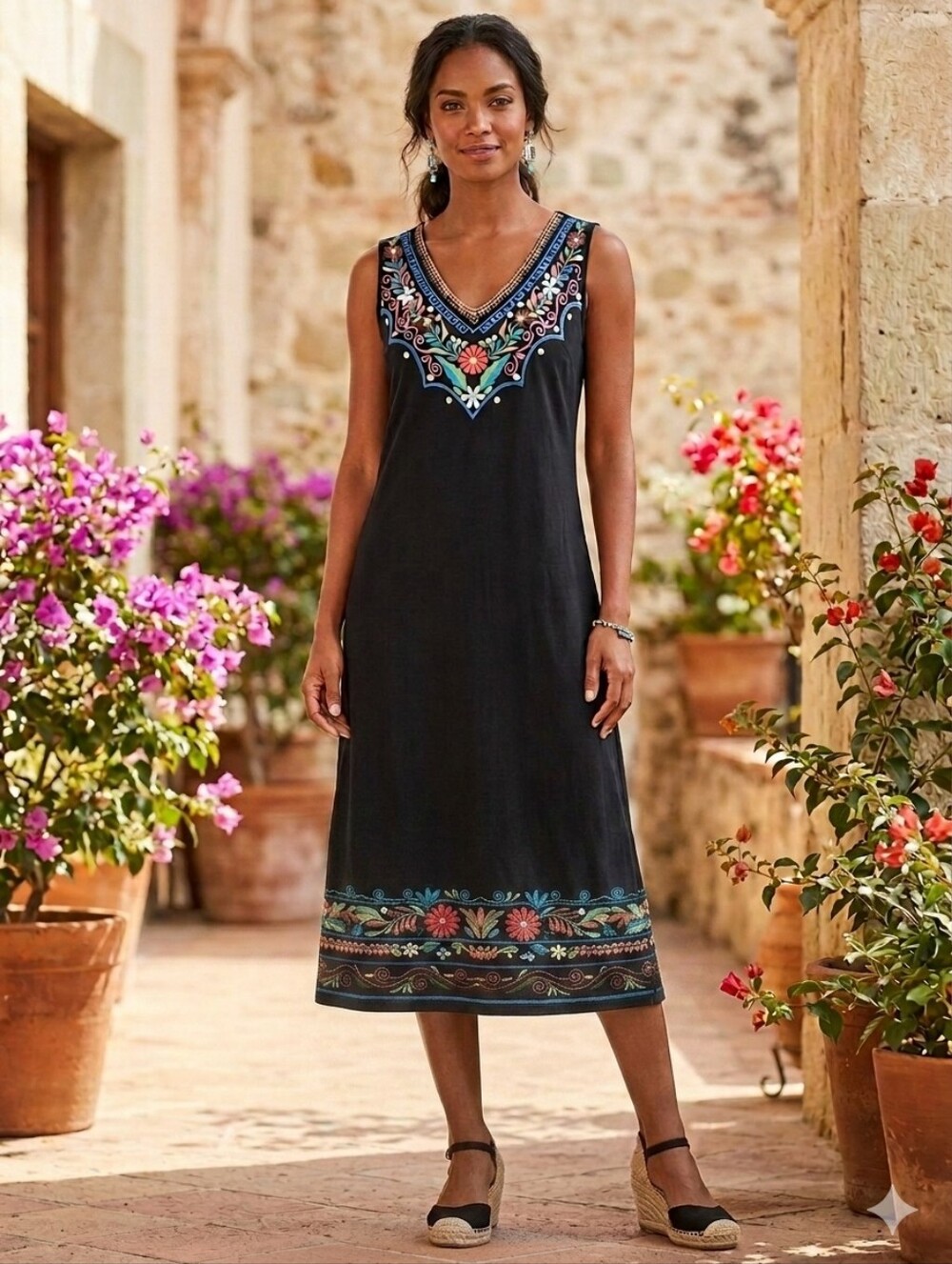 Black Midi Dress with Multicolor Graphic Embroidery Details Sz L